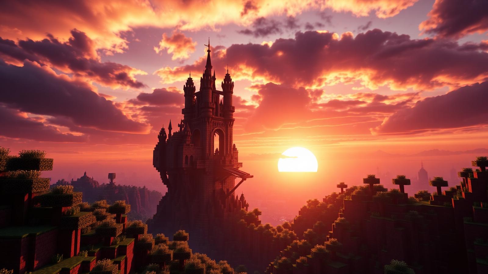 Voxel castle at sunset